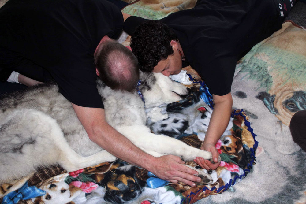Owners laying with dog
